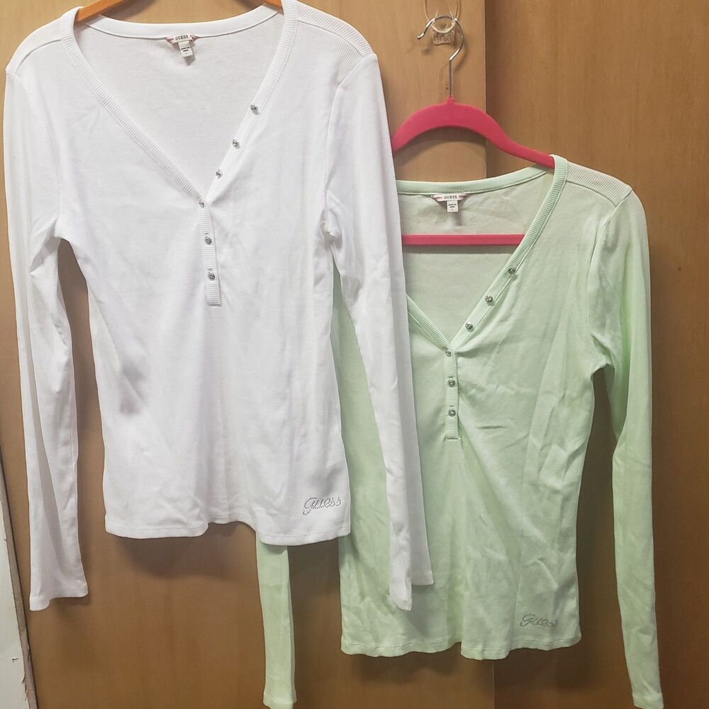 Guess Women's Kyla Ribbed Henley Long-Sleeve Top SZ Large1-DOVE WHITE1-MINT